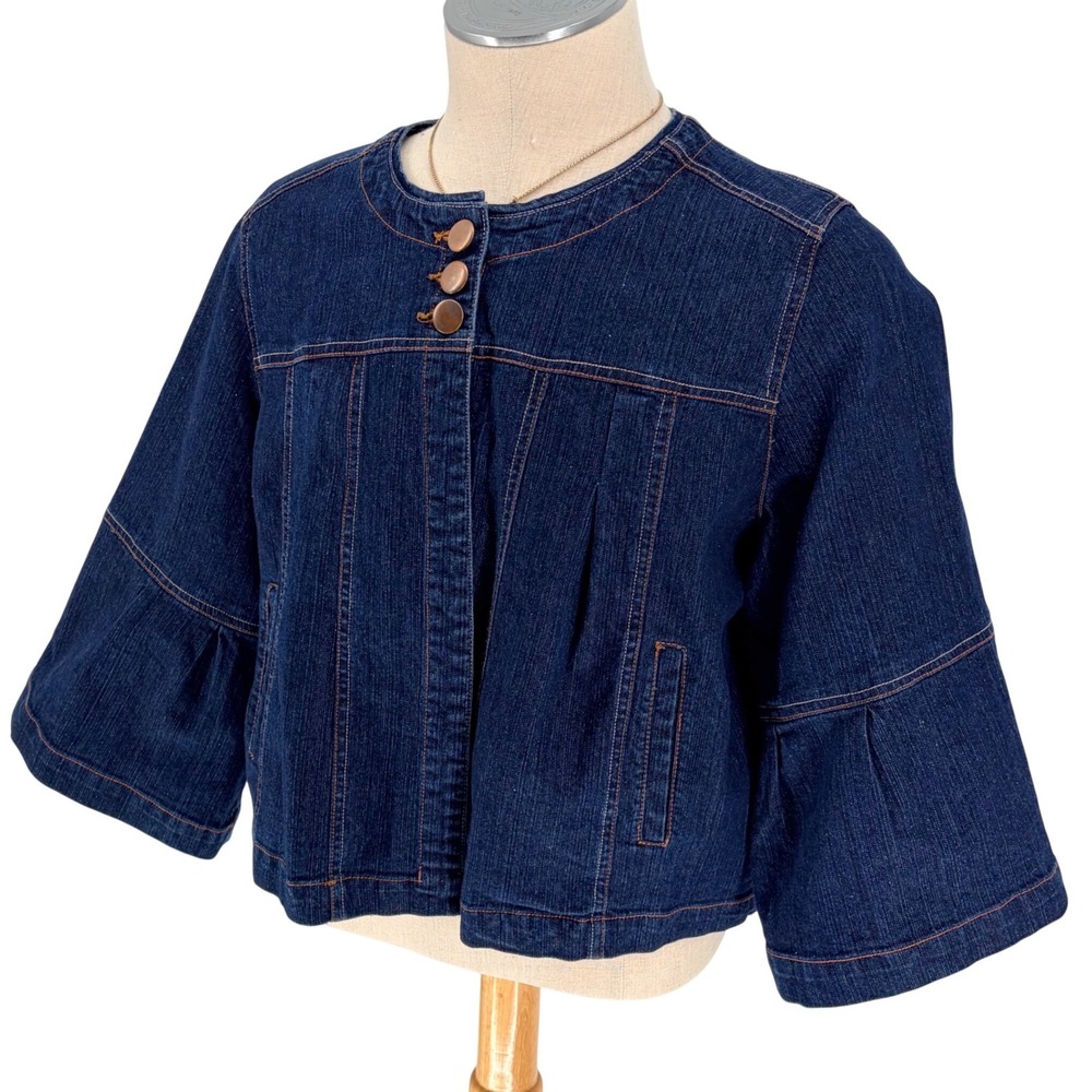 Miss Lili Denim Jacket 2X Dark Blue 3/4 Bell Sleeve Cropped Collarless Bolero